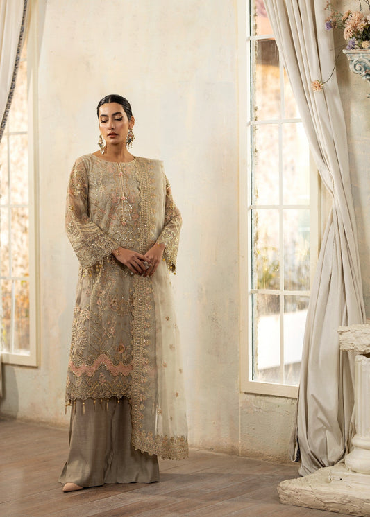 Pakistani Designer Light Grey Chiffon Salwar Kameez Online in KSA Riyadh Saudi Arabia Oman Bahrain Qatar