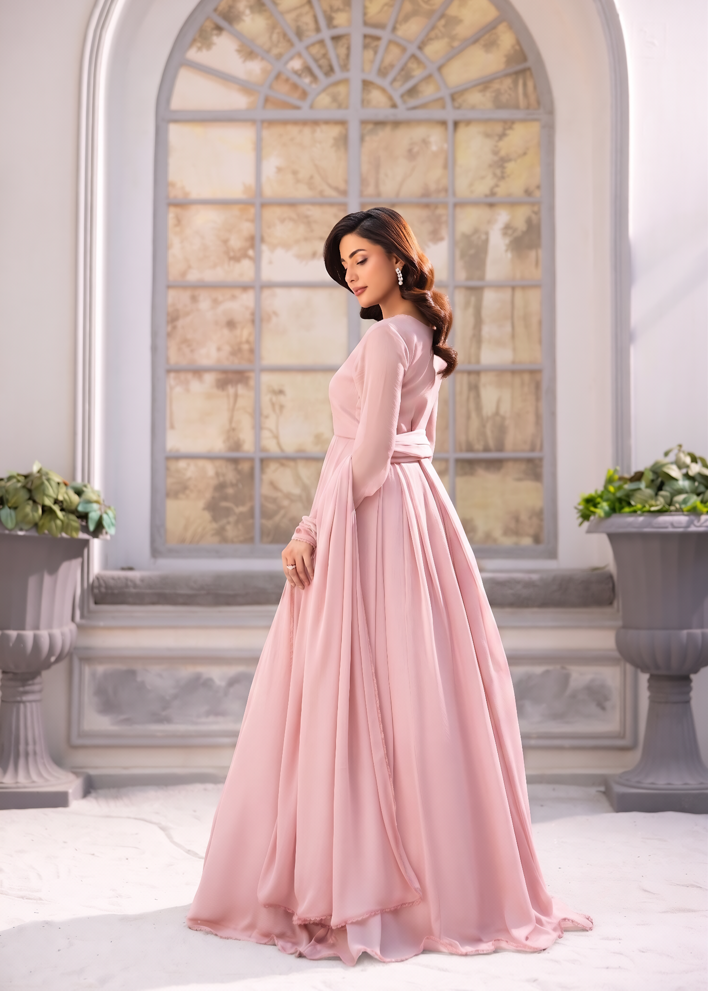 Pakistani Designer Light Pink Chiffon Kurta Set Online in KSA Riyadh Saudi Arabia Oman Bahrain Qatar