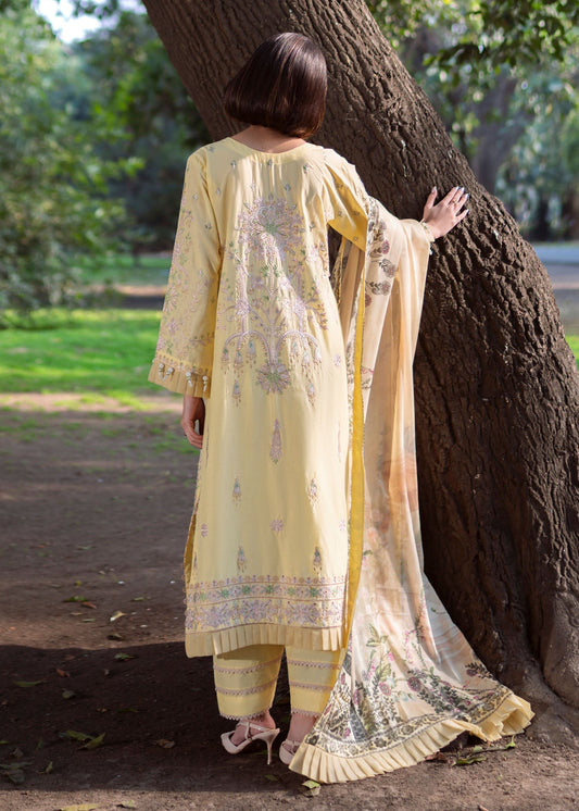 Pakistani Designer Light Yellow Lawn Salwar Kameez Online in KSA Riyadh Saudi Arabia Oman Bahrain Qatar