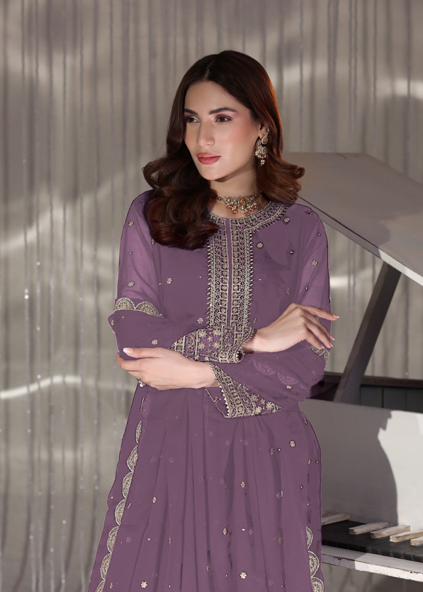 Pakistani Designer Lilac Chiffon Festive Lehenga Online in KSA Riyadh Saudi Arabia Oman Bahrain Qatar