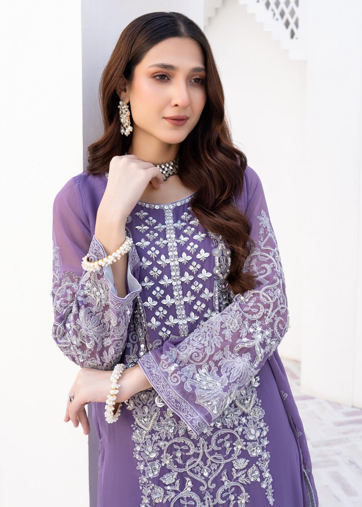 Pakistani Designer Lilac Chiffon Salwar Kameez Online in KSA Riyadh Saudi Arabia Oman Bahrain Qatar