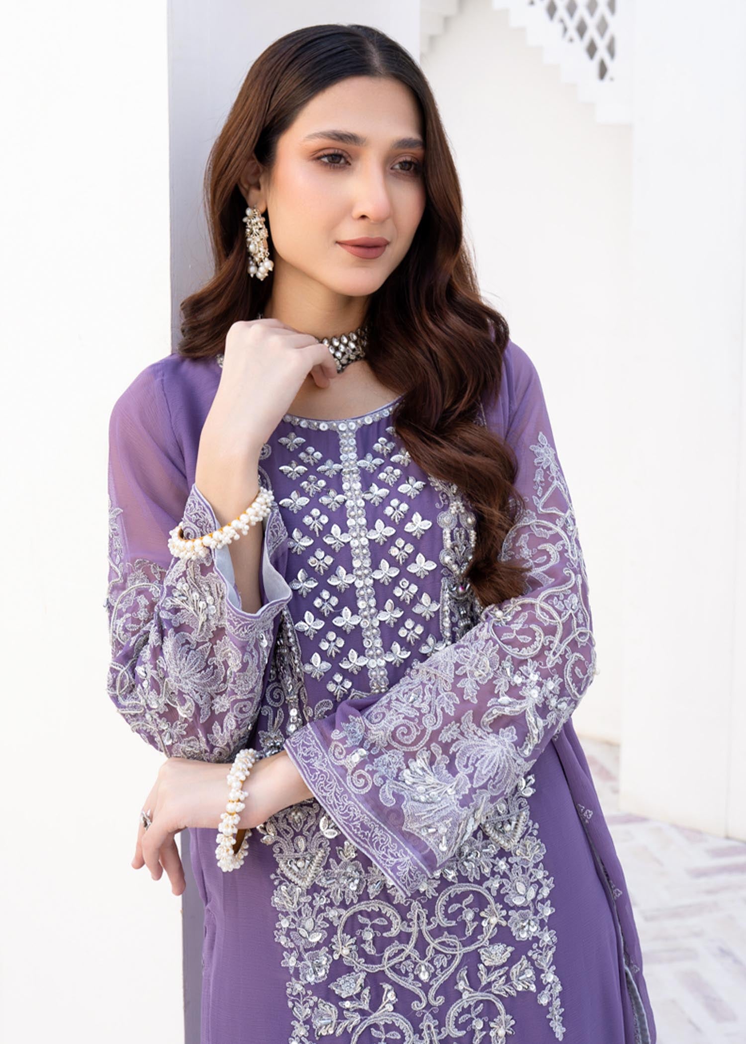 Pakistani Designer Lilac Chiffon Salwar Kameez Online in KSA Riyadh Saudi Arabia Oman Bahrain Qatar