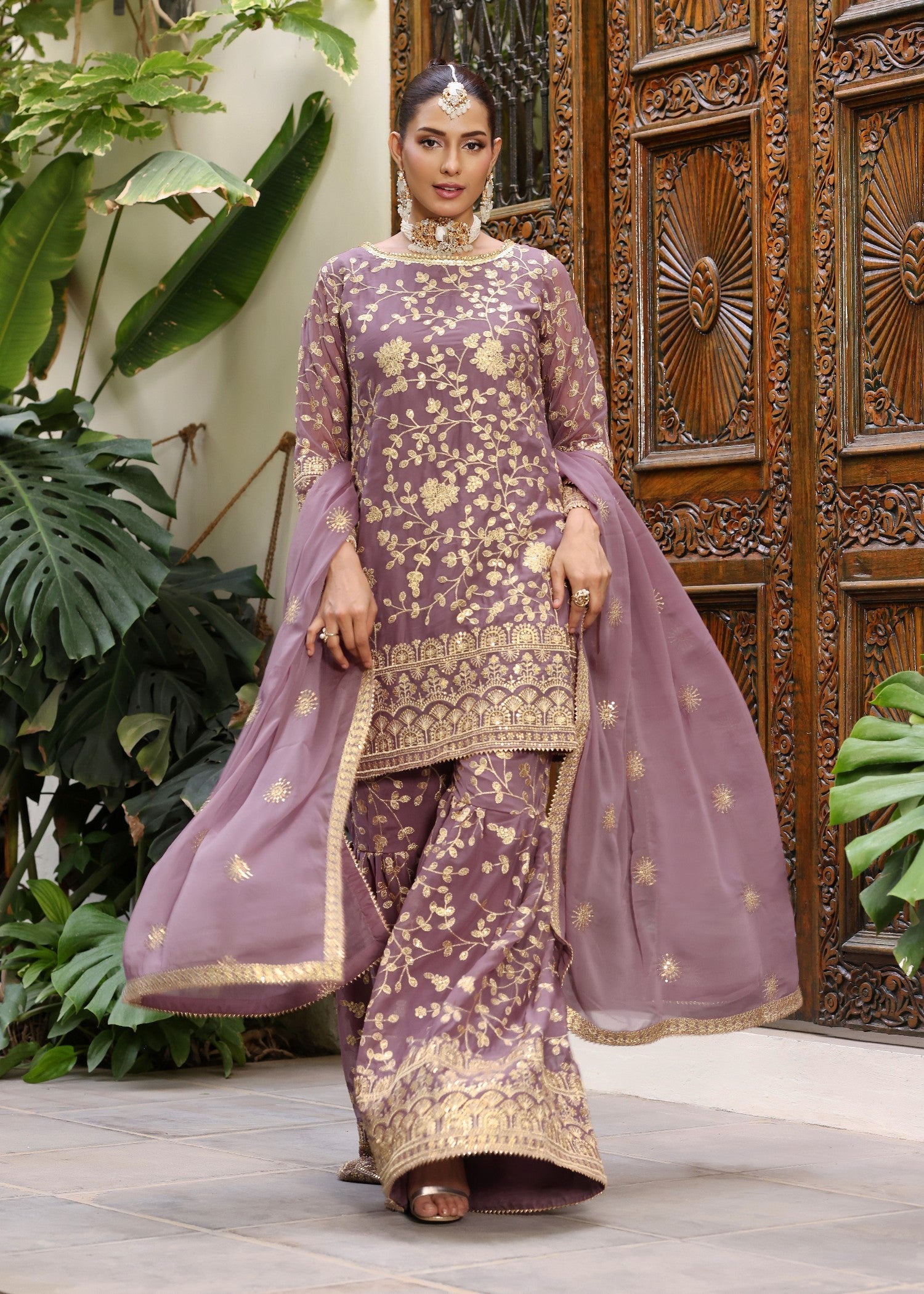 Pakistani Designer Lilac Chiffon Salwar Kameez Online in KSA Riyadh Saudi Arabia Oman Bahrain Qatar