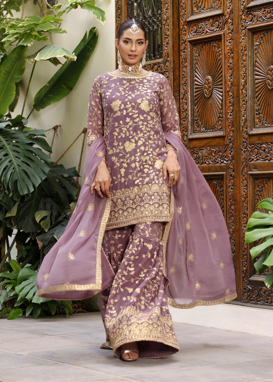 Pakistani Designer Lilac Chiffon Salwar Kameez Online in KSA Riyadh Saudi Arabia Oman Bahrain Qatar