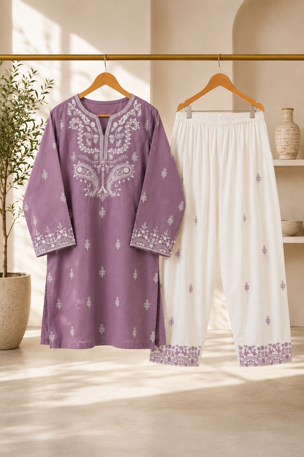 Pakistani Designer Lilac Cotton Suit with White Farshi Shalwar Online in KSA Riyadh Saudi Arabia Oman Bahrain Qatar