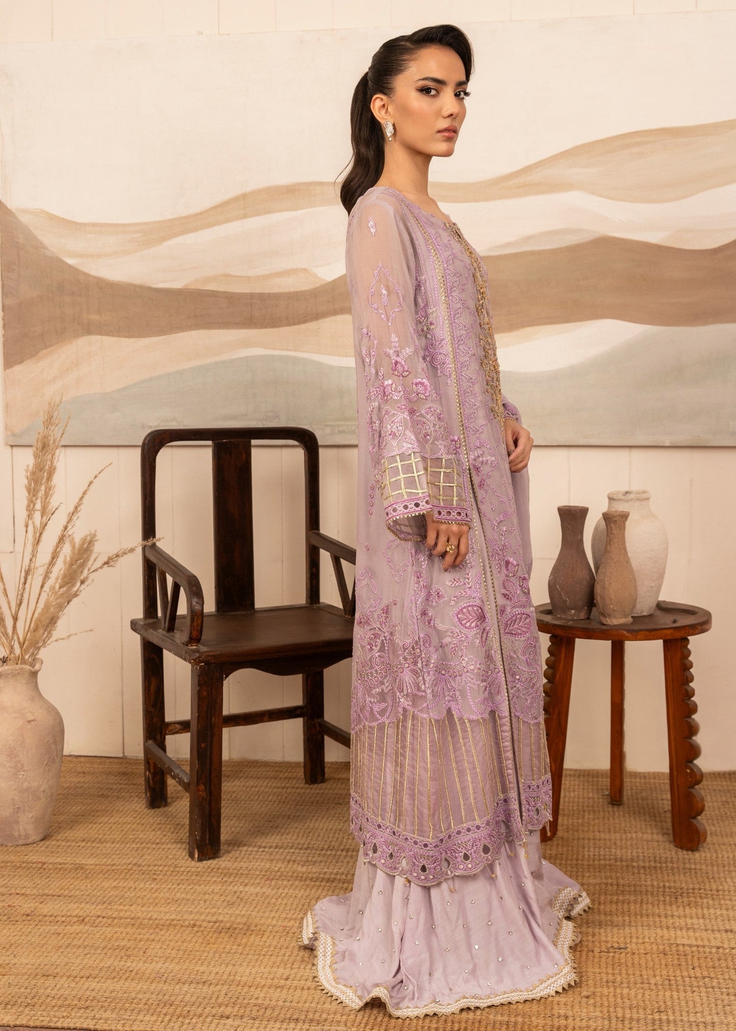 Pakistani Designer Lilac Embroidered Sharara Gharara Online in KSA Riyadh Saudi Arabia Oman Bahrain Qatar