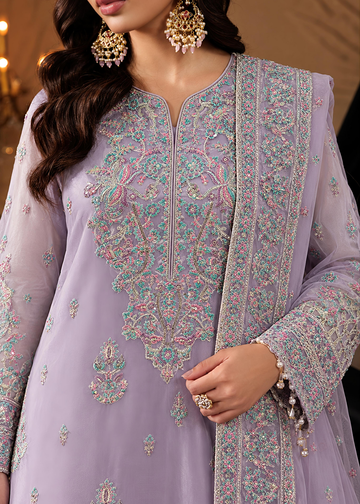 Pakistani Designer Lilac Net Sharara Online in KSA Riyadh Saudi Arabia Oman Bahrain Qatar