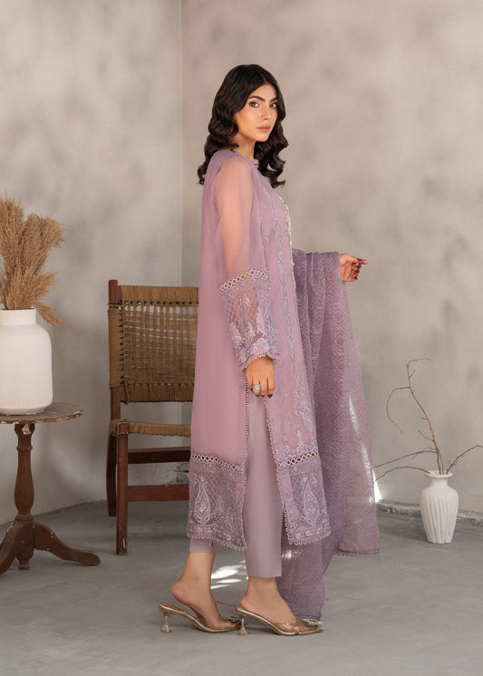 Pakistani Designer Lilac Organza Raw Silk Suit Online in KSA Riyadh Saudi Arabia Oman Bahrain Qatar