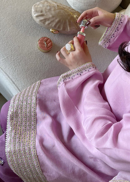 Pakistani Designer Lilac Raw Silk Farshi Shalwar Online in KSA Riyadh Saudi Arabia Oman Bahrain Qatar