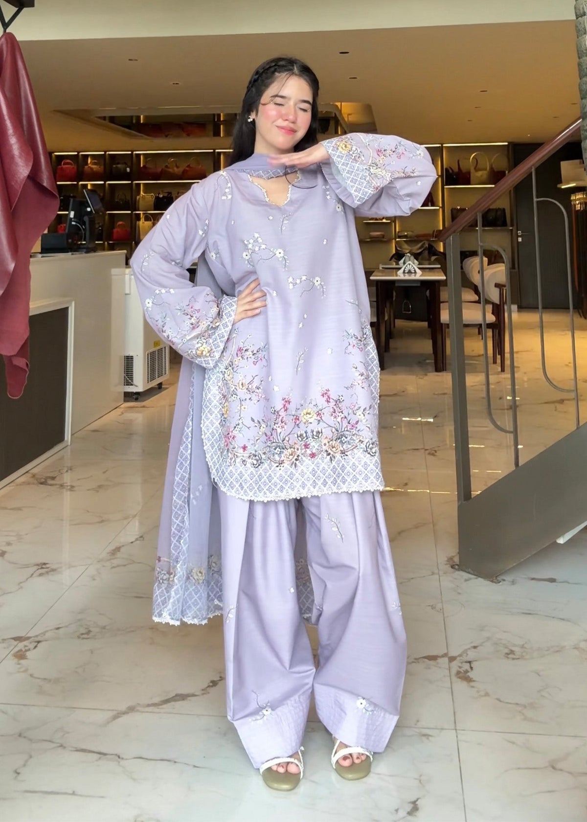 Pakistani Designer Lilac Raw Silk Kurta and Farshi Shalwar Online in KSA Riyadh Saudi Arabia Oman Bahrain Qatar