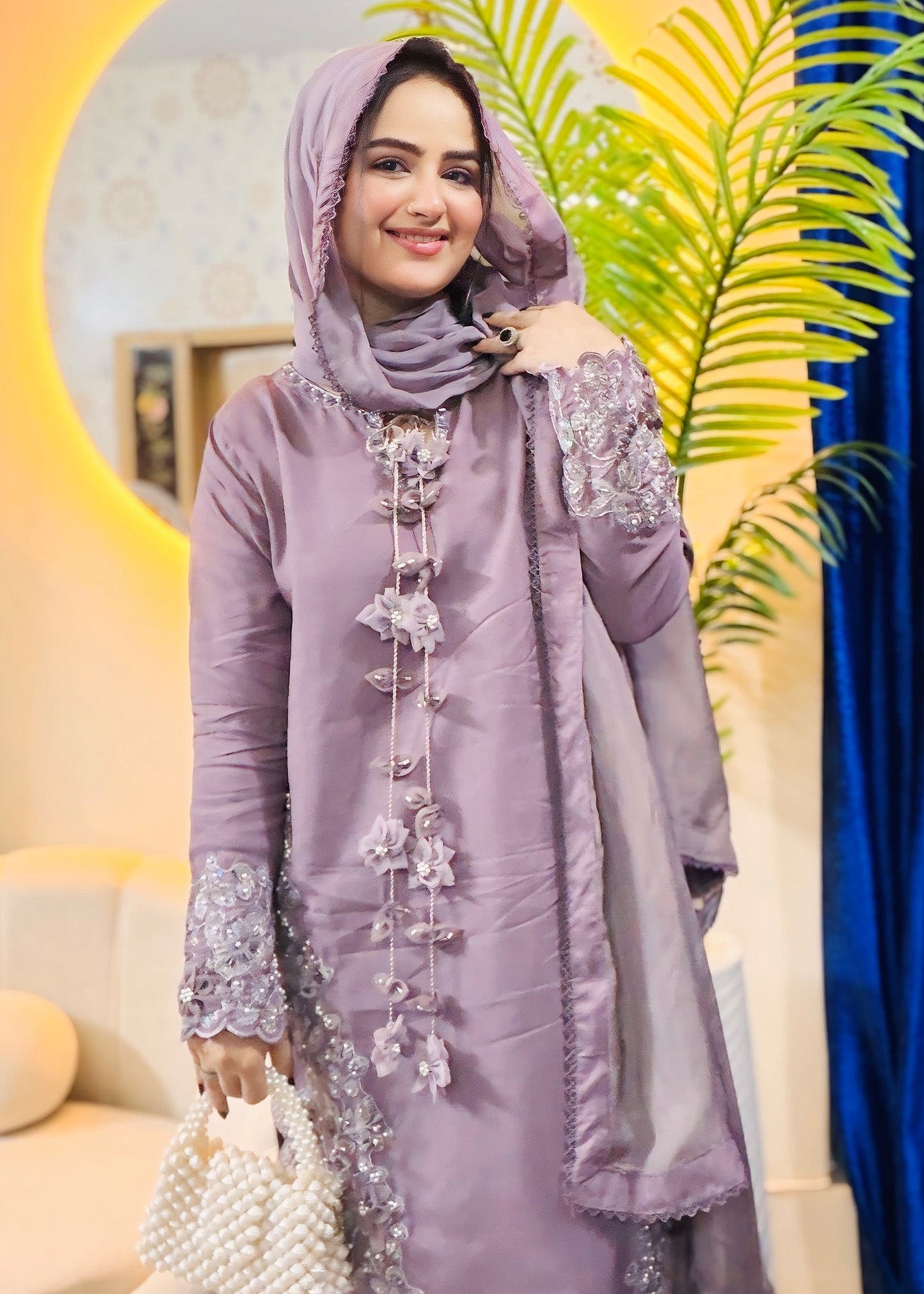 Pakistani Designer Lilac Raw Silk Salwar Suit Online in KSA Riyadh Saudi Arabia Oman Bahrain Qatar