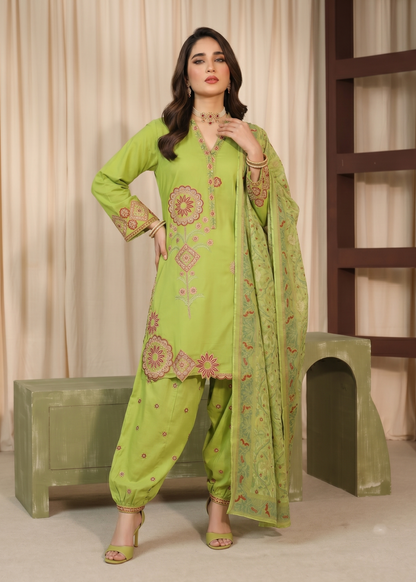 Pakistani Designer Lime Green Lawn Salwar Kameez Online in KSA Riyadh Saudi Arabia Oman Bahrain Qatar