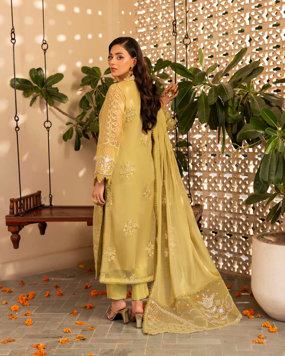Pakistani Designer Lime Green Organza Salwar Kameez Online in KSA Riyadh Saudi Arabia Oman Bahrain Qatar
