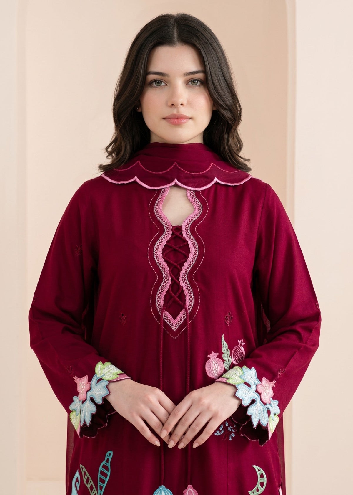 Pakistani Designer Lipstick Red Cotton Salwar Kameez Online in KSA Riyadh Saudi Arabia Oman Bahrain Qatar