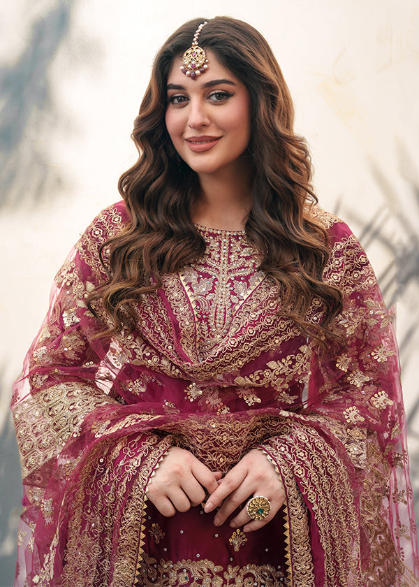 Pakistani Designer Magenta Charmuse Salwar Kameez Online in KSA Riyadh Saudi Arabia Oman Bahrain Qatar