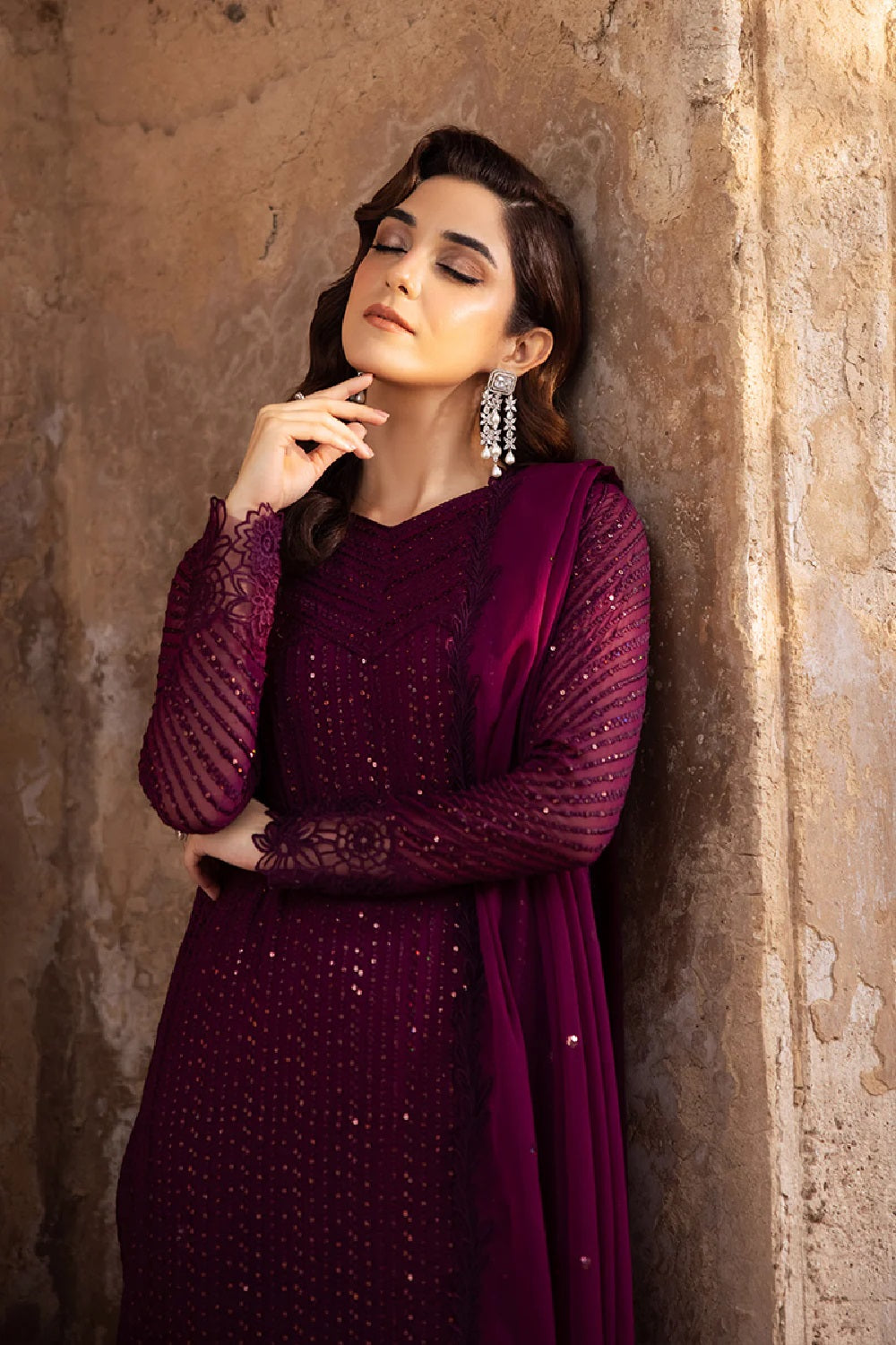 Pakistani Designer Magenta Chiffon Salwar Kameez Online in KSA Riyadh Saudi Arabia Oman Bahrain Qatar