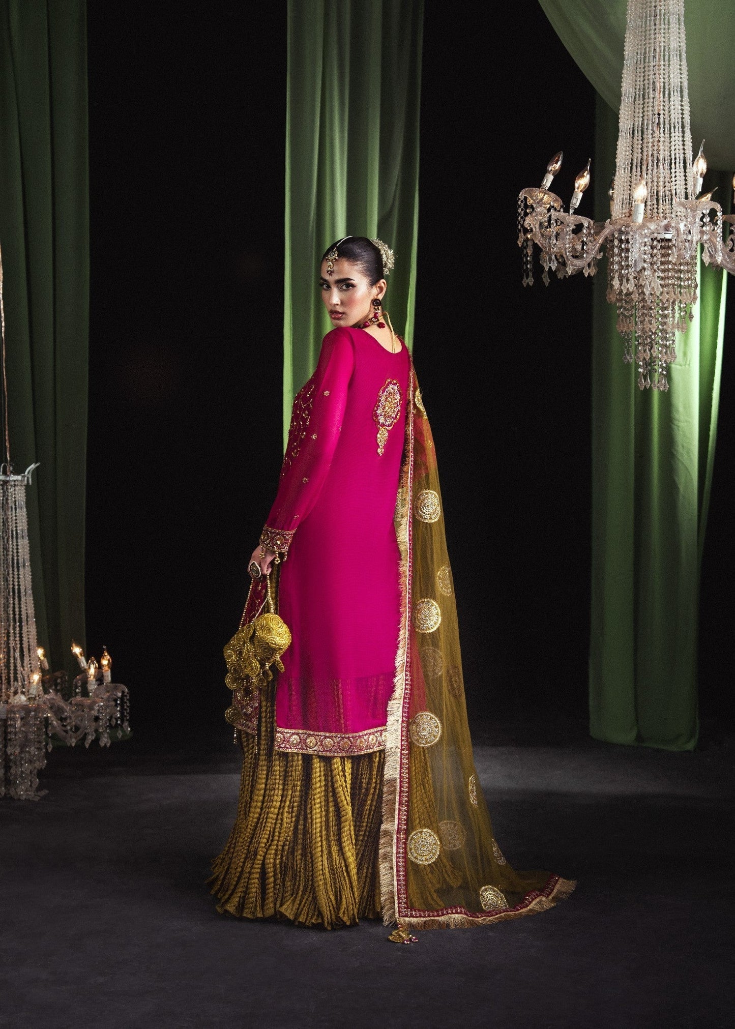 Pakistani Designer Magenta Chiffon Sharara Gharara Online in KSA Riyadh Saudi Arabia Oman Bahrain Qatar
