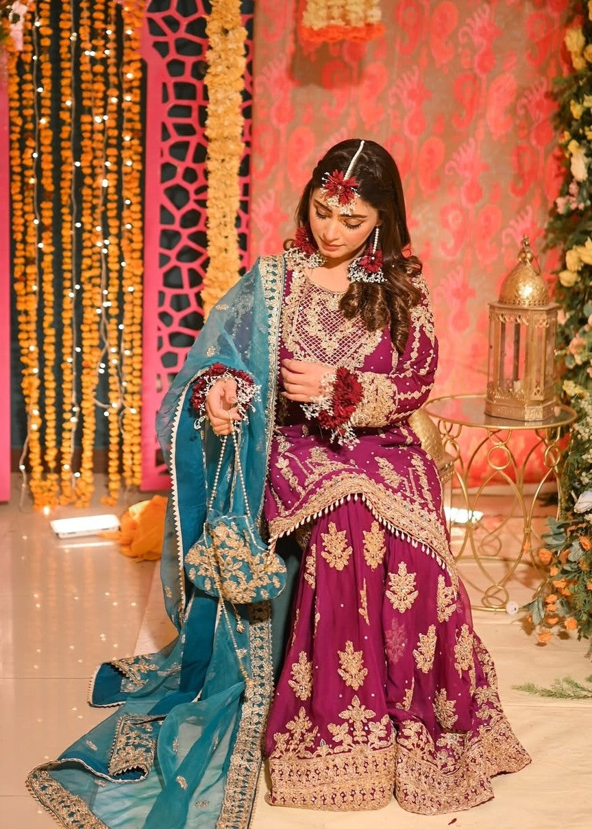 Pakistani Designer Magenta Chiffon Wedding Suit Online in KSA Riyadh Saudi Arabia Oman Bahrain Qatar