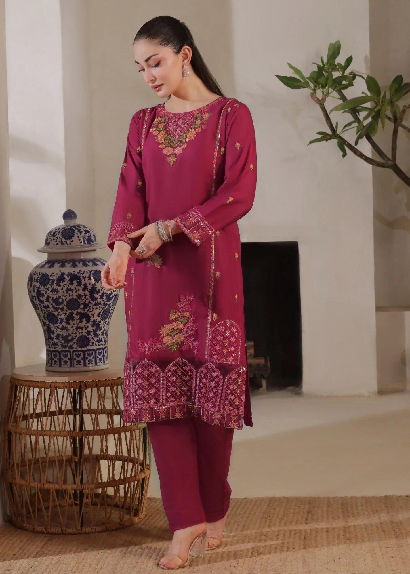 Pakistani Designer Magenta Lawn Suit for Women Online in KSA Riyadh Saudi Arabia Oman Bahrain Qatar