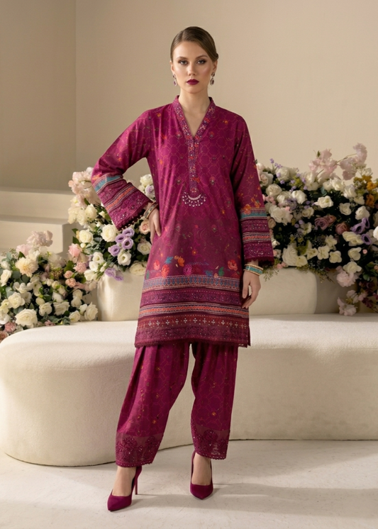Pakistani Designer Magenta Raw Silk Embroidered Suit Online in KSA Riyadh Saudi Arabia Oman Bahrain Qatar