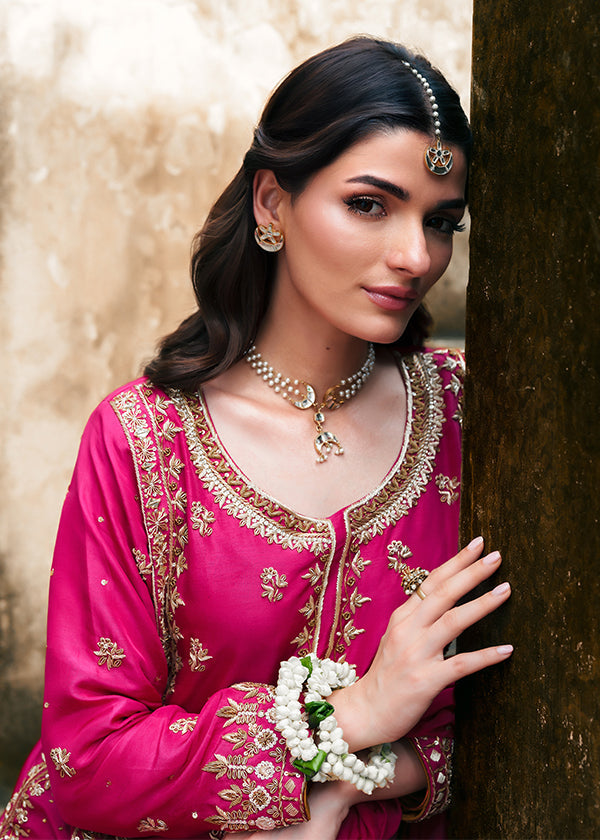 Pakistani Designer Magenta Silk Salwar Kameez Online in KSA Riyadh Saudi Arabia Oman Bahrain Qatar