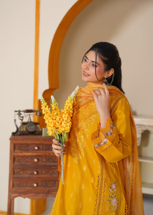 Pakistani Designer Mari Gold Lawn Suit Online in KSA Riyadh Saudi Arabia Oman Bahrain Qatar