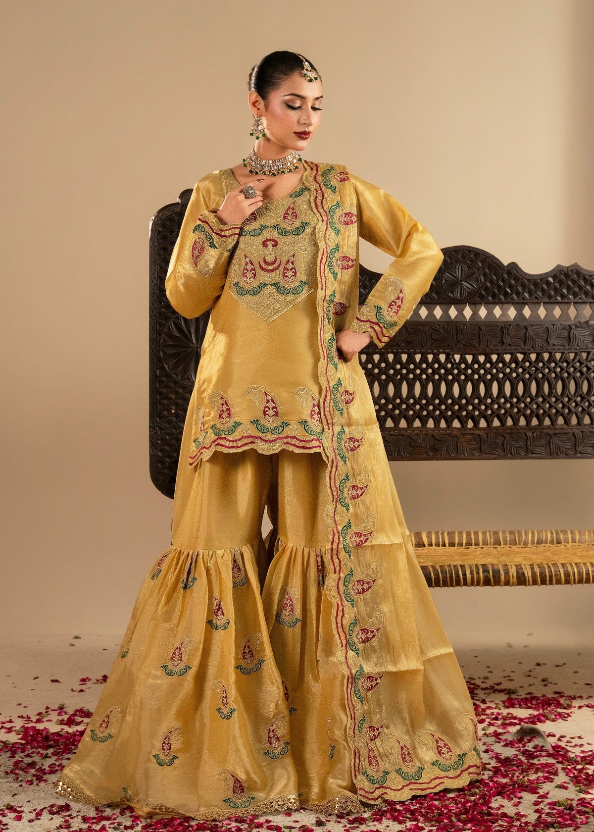 Pakistani Designer Marigold Tissue Silk Gharara Online in KSA Riyadh Saudi Arabia Oman Bahrain Qatar