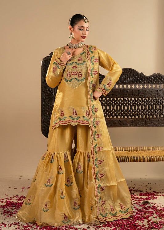 Pakistani Designer Marigold Tissue Silk Gharara Online in KSA Riyadh Saudi Arabia Oman Bahrain Qatar
