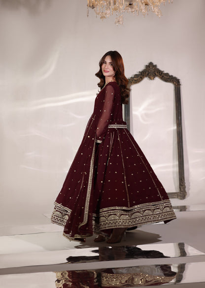 Pakistani Designer Maroon Chiffon Embroidered Salwar Kameez Online in KSA Riyadh Saudi Arabia Oman Bahrain Qatar