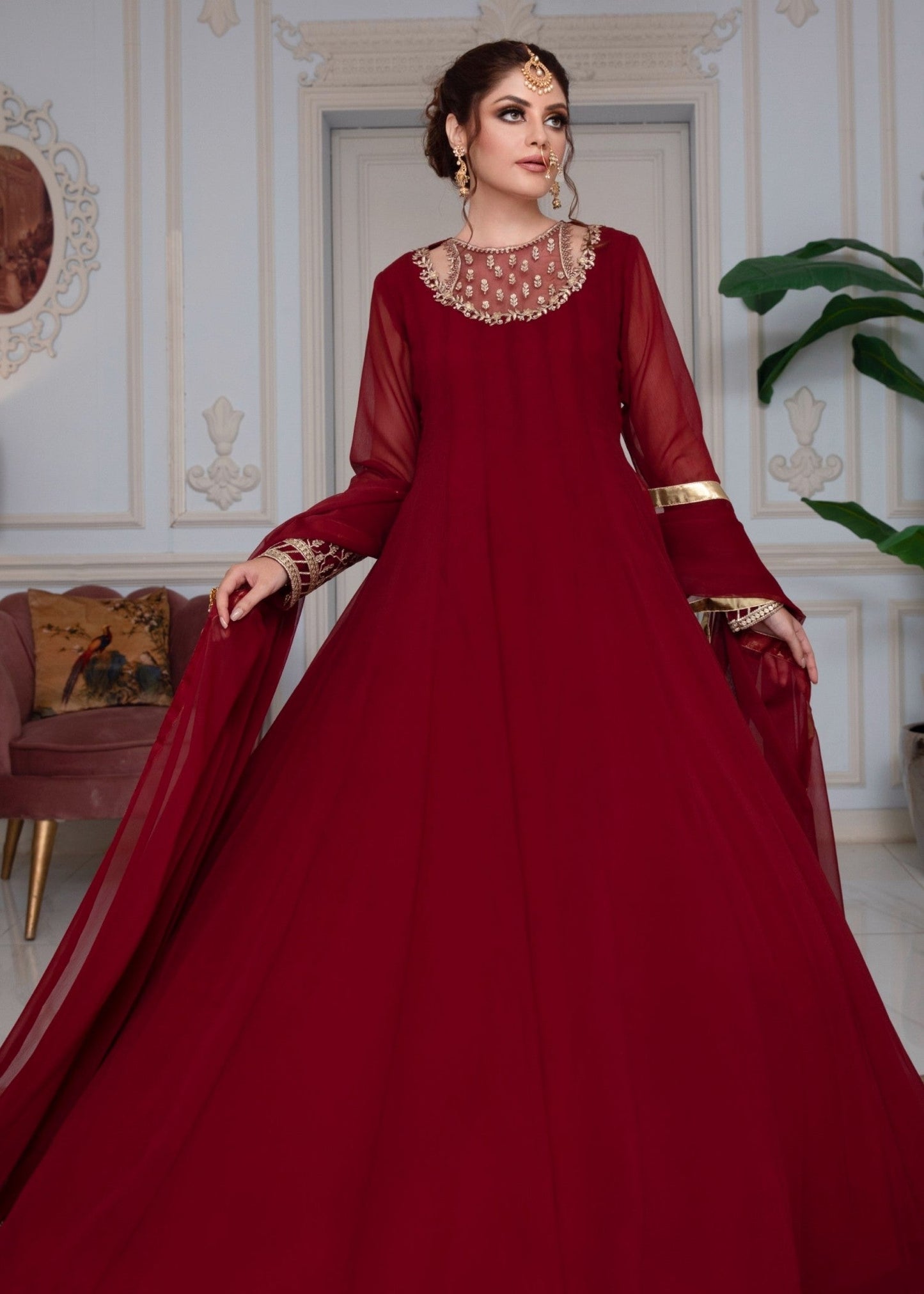 Pakistani Designer Maroon Chiffon Embroidered Salwar Kameez Online in KSA Riyadh Saudi Arabia Oman Bahrain Qatar