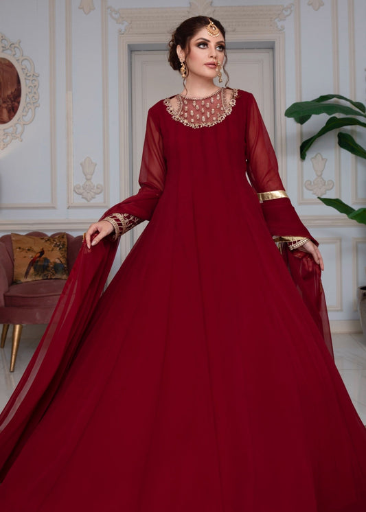 Pakistani Designer Maroon Chiffon Embroidered Salwar Kameez Online in KSA Riyadh Saudi Arabia Oman Bahrain Qatar