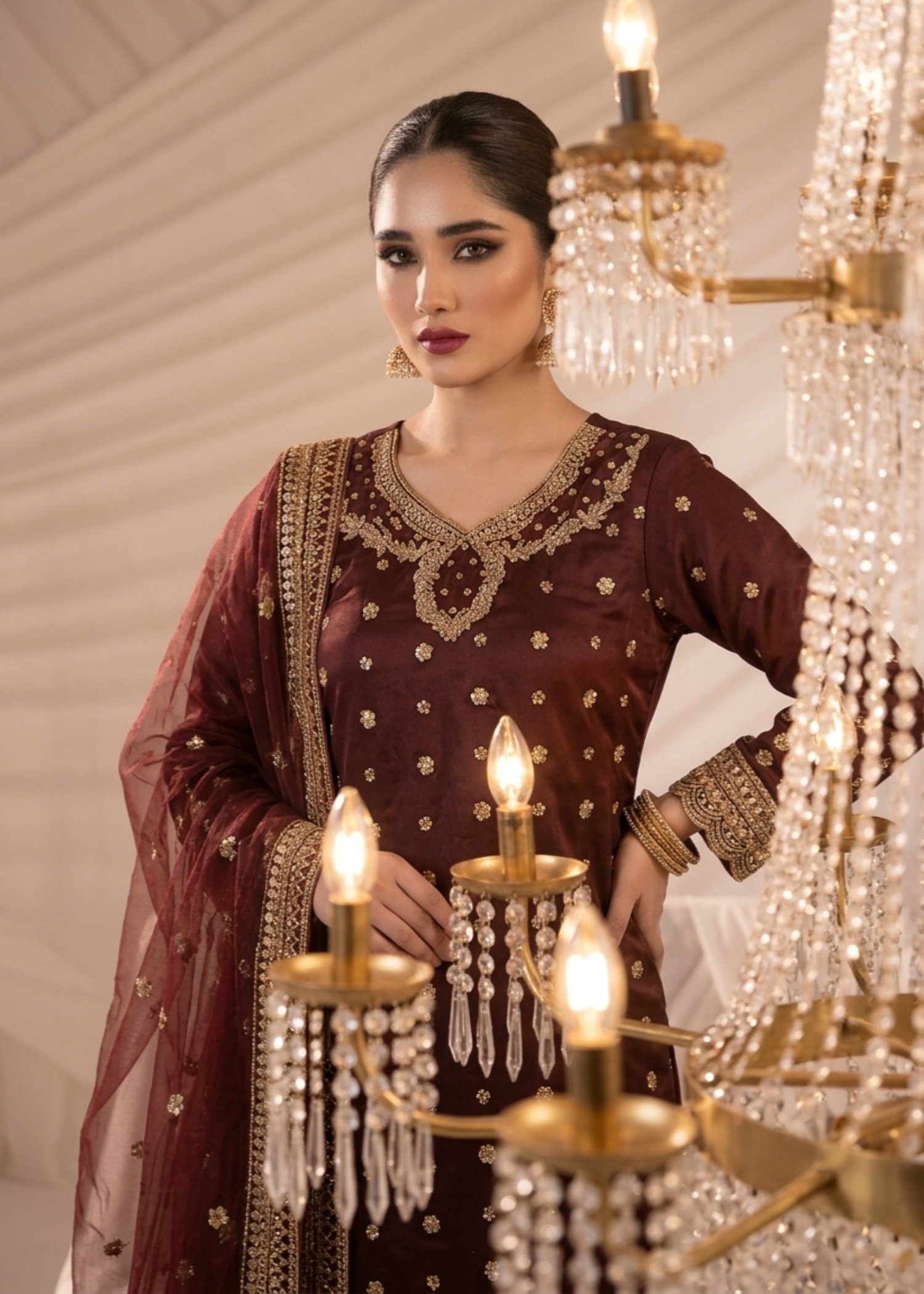 Pakistani Designer Maroon Chiffon Embroidered Suit Online in KSA Riyadh Saudi Arabia Oman Bahrain Qatar