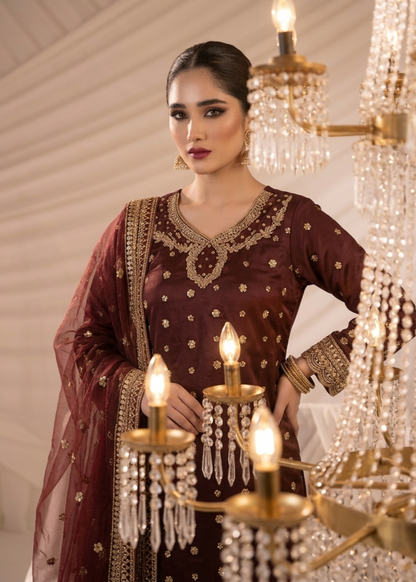 Pakistani Designer Maroon Chiffon Embroidered Suit Online in KSA Riyadh Saudi Arabia Oman Bahrain Qatar