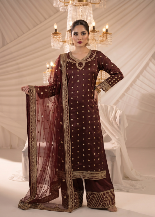 Pakistani Designer Maroon Chiffon Embroidered Suit Online in KSA Riyadh Saudi Arabia Oman Bahrain Qatar