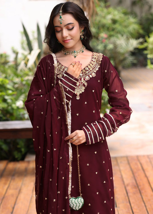 Pakistani Designer Maroon Chiffon Embroidered Suit Online in KSA Riyadh Saudi Arabia Oman Bahrain Qatar
