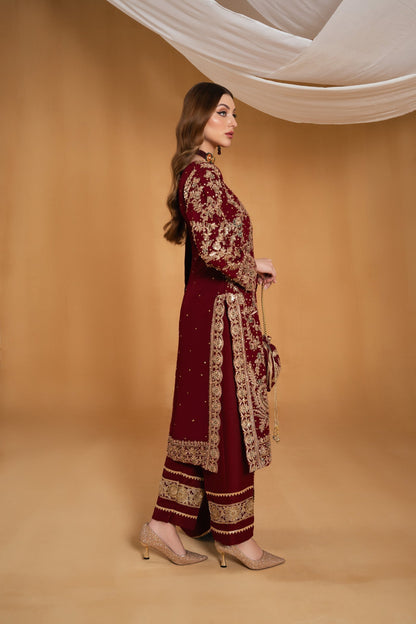 Pakistani Designer Maroon Chiffon Embroidered Suit Online in KSA Riyadh Saudi Arabia Oman Bahrain Qatar