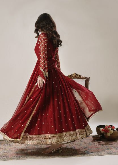 Pakistani Designer Maroon Chiffon Flared Pishwas Set Online in KSA Riyadh Saudi Arabia Oman Bahrain Qatar