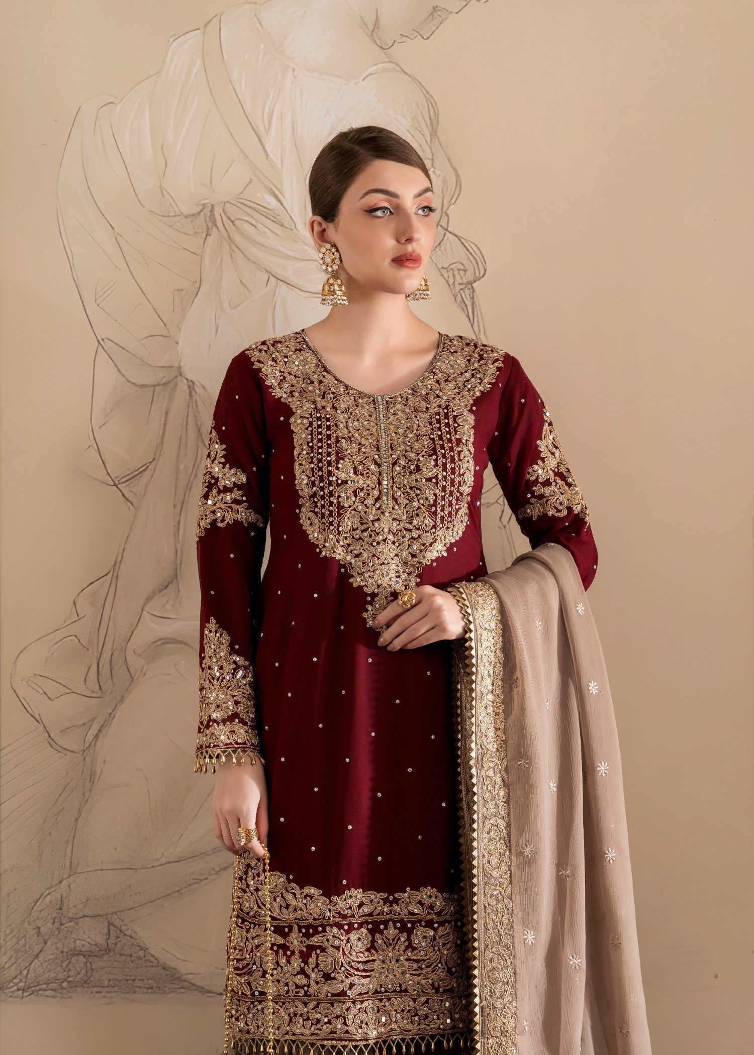 Pakistani Designer Maroon Chiffon Gharara Suit Online in KSA Riyadh Saudi Arabia Oman Bahrain Qatar