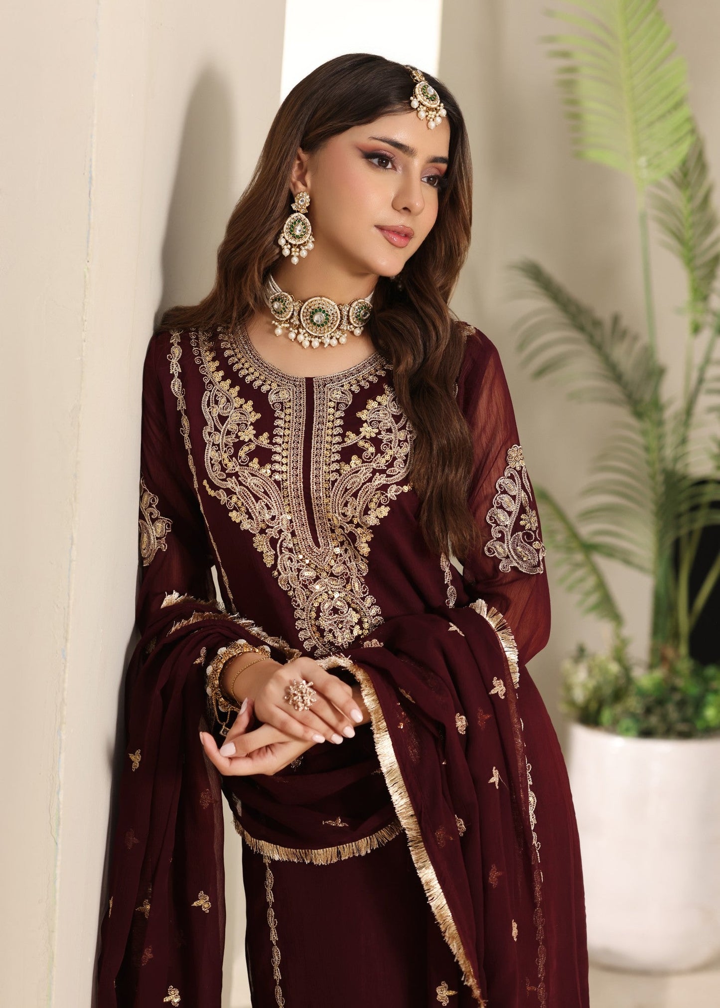Pakistani Designer Maroon Chiffon Kurta Plazzo Online in Sri Lanka India Australia
