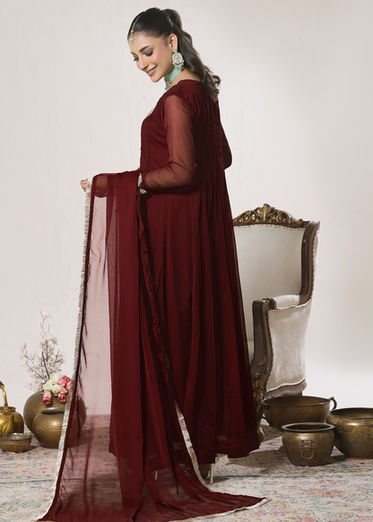 Pakistani Designer Maroon Chiffon Partywear Suit Online in Dubai DXB UAE Abudhabi Meena Bazaar