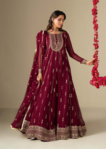 Pakistani Designer Maroon Chiffon Salwar Kameez Online in KSA Riyadh Saudi Arabia Oman Bahrain Qatar