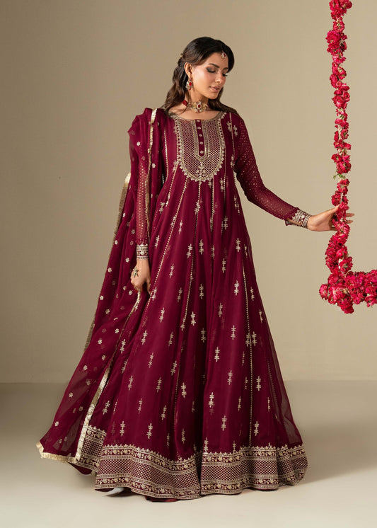 Pakistani Designer Maroon Chiffon Salwar Kameez Online in KSA Riyadh Saudi Arabia Oman Bahrain Qatar