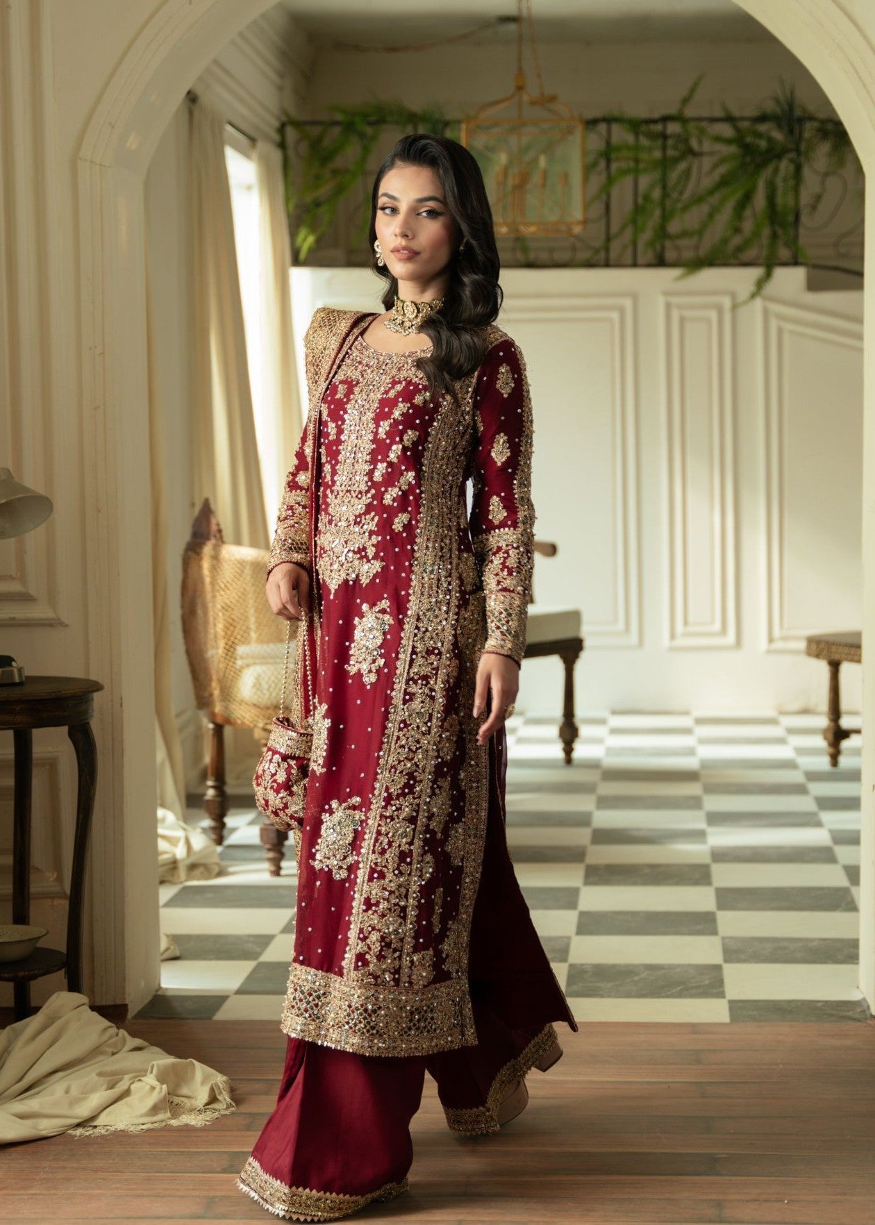 Pakistani Designer Maroon Chiffon Salwar Kameez Online in KSA Riyadh Saudi Arabia Oman Bahrain Qatar