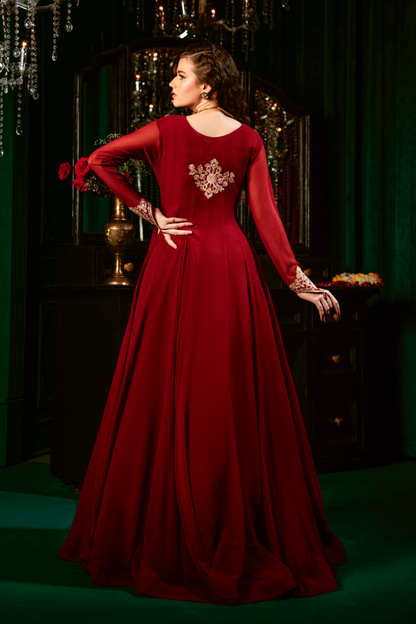 Pakistani Designer Maroon Chiffon Salwar Kameez Online in KSA Riyadh Saudi Arabia Oman Bahrain Qatar
