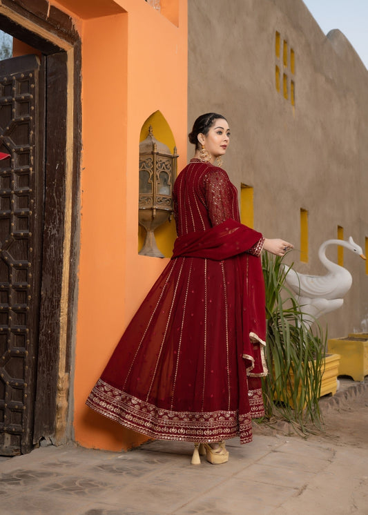 Pakistani Designer Maroon Chiffon Salwar Kameez Online in KSA Riyadh Saudi Arabia Oman Bahrain Qatar