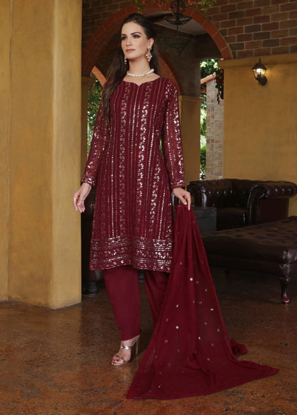 Pakistani Designer Maroon Chiffon Salwar Kameez Online in KSA Riyadh Saudi Arabia Oman Bahrain Qatar