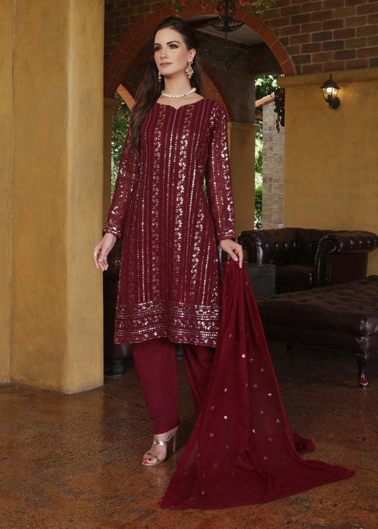 Pakistani Designer Maroon Chiffon Salwar Kameez Online in KSA Riyadh Saudi Arabia Oman Bahrain Qatar