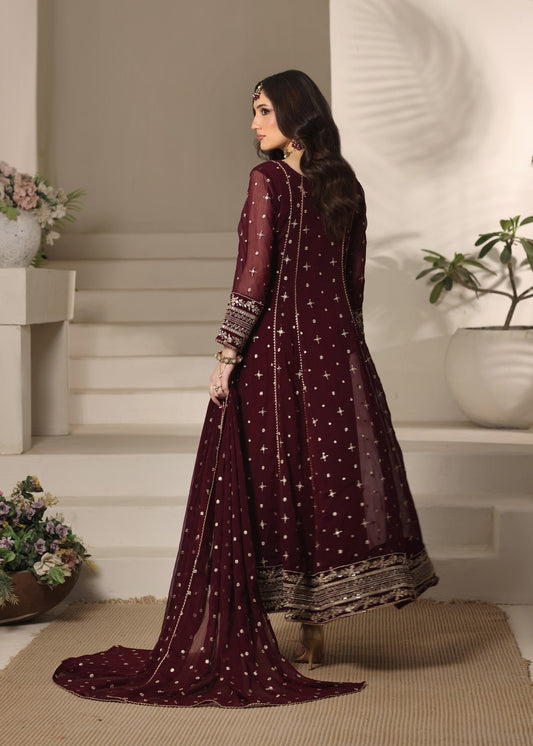 Pakistani Designer Maroon Chiffon Salwar Kameez Online in KSA Riyadh Saudi Arabia Oman Bahrain Qatar