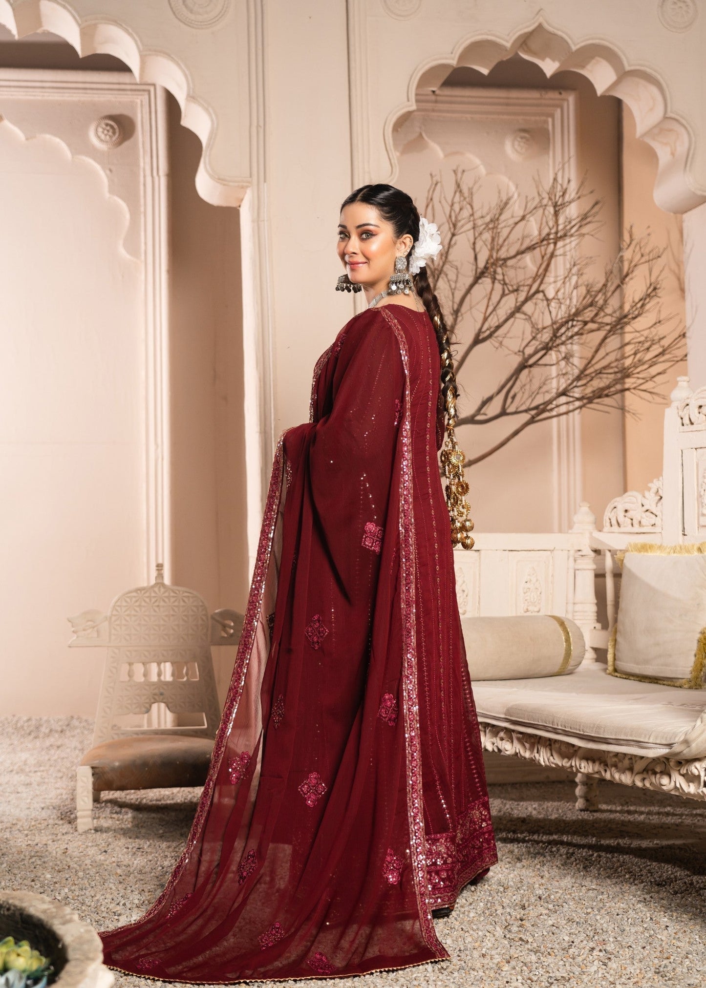 Pakistani Designer Maroon Chiffon Salwar Kameez Online in KSA Riyadh Saudi Arabia Oman Bahrain Qatar