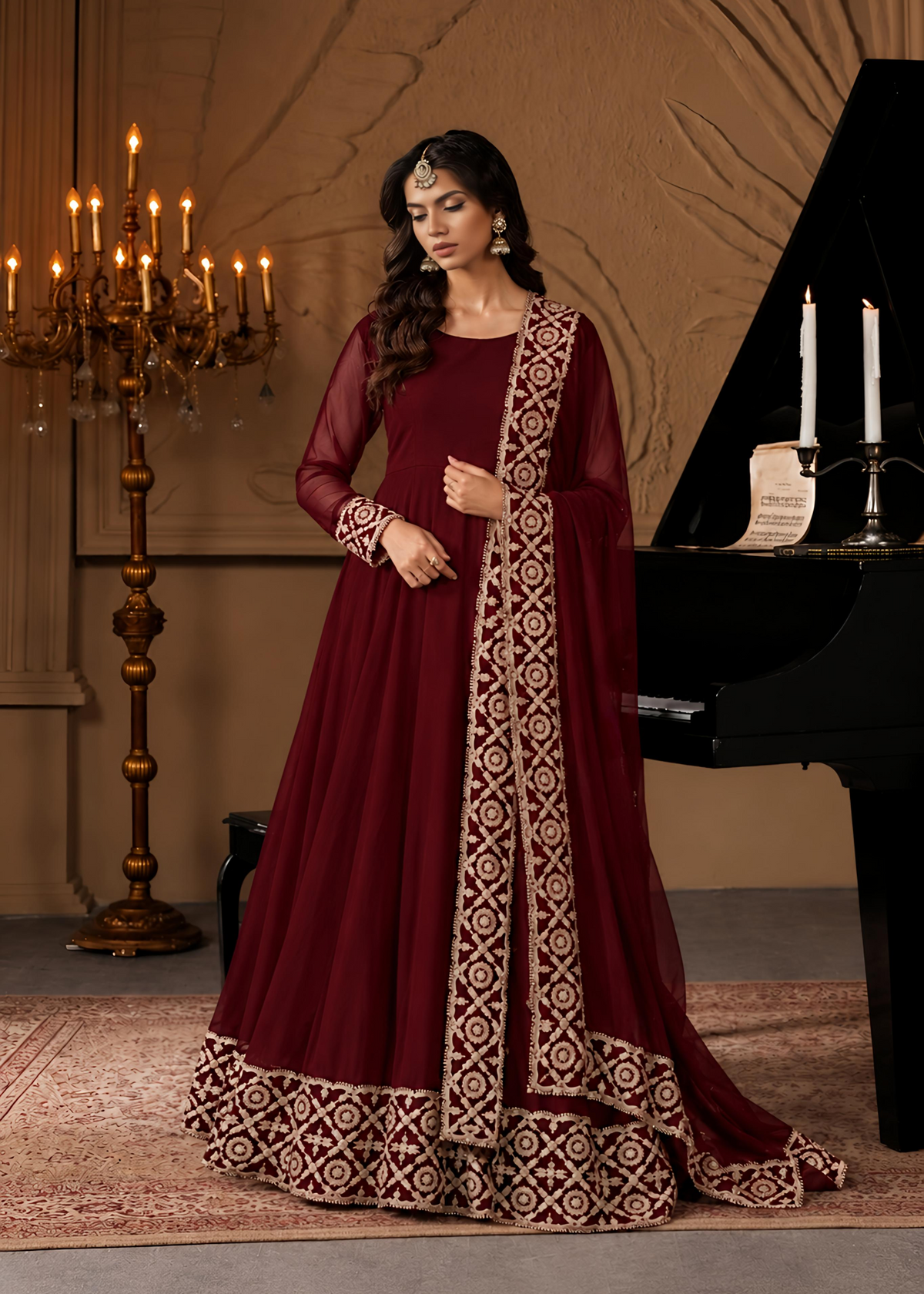 Pakistani Designer Maroon Chiffon Salwar Kameez Online in KSA Riyadh Saudi Arabia Oman Bahrain Qatar